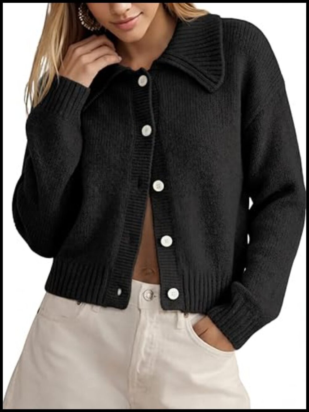 Women's Cropped Cardigan Button Front Ruffled Collar Ribbed Hem - Picture 1 of 6